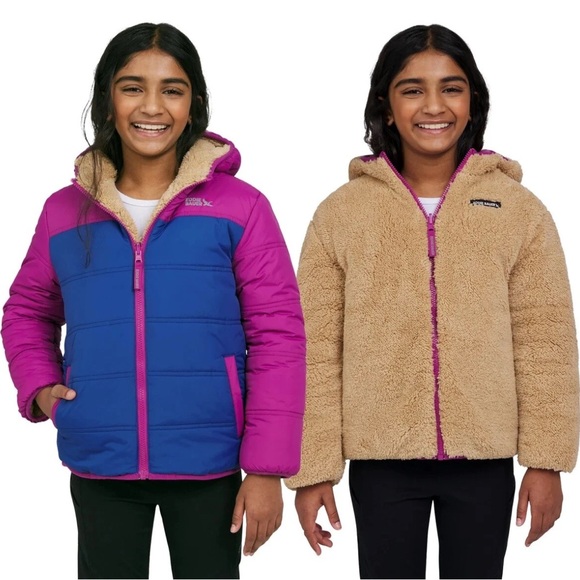 EDDIE BAUER Little Girl Puffer Coat Reversible Sherpa Jacket Kids Hood Small 7 8 - Picture 1 of 16